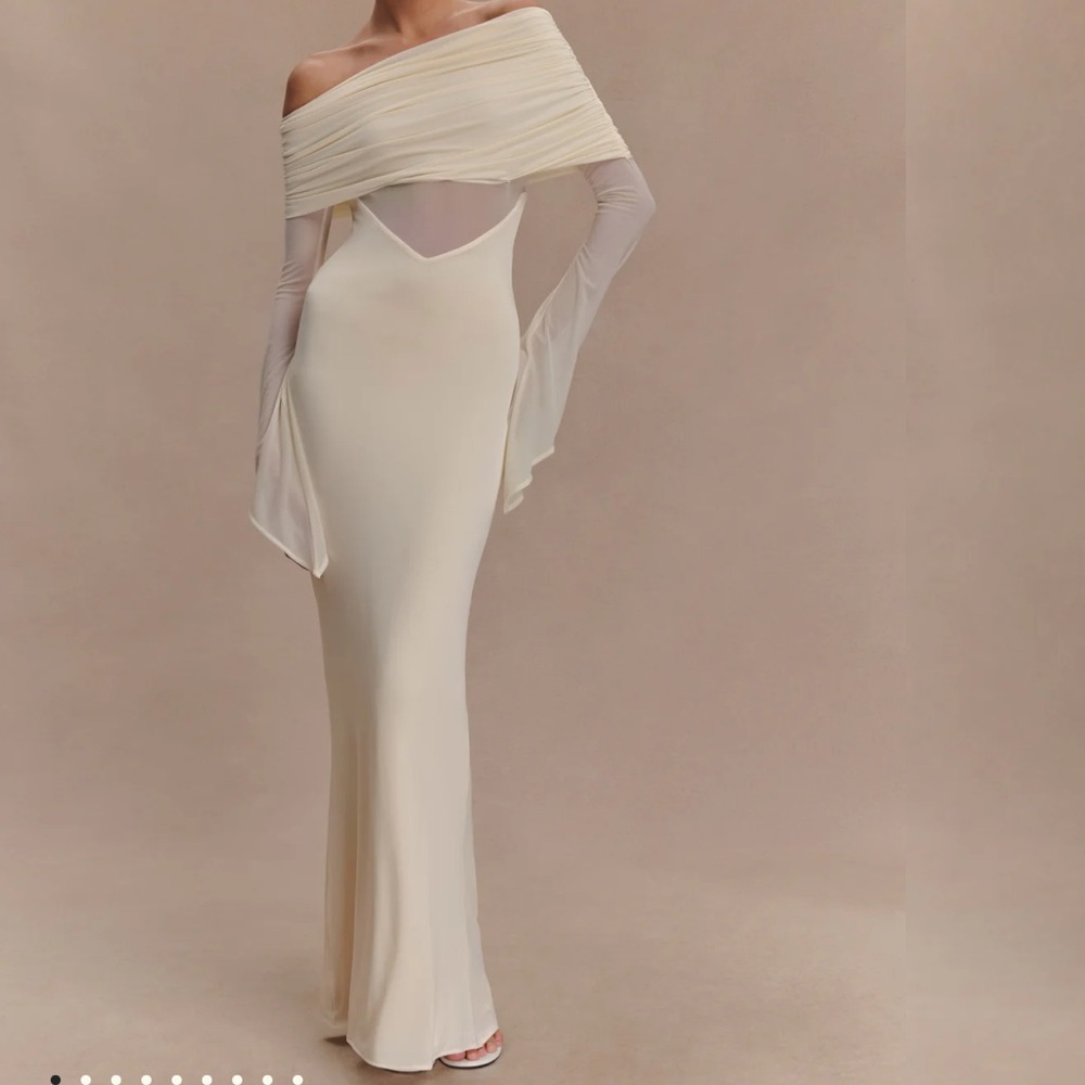 NWT Meshki Kaitlin One Shoulder Slinky And Mesh Maxi Dress - Ivory
